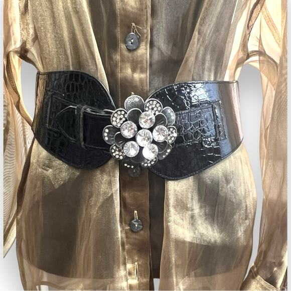 VINTAGE Black faux croc belt with giant rhinestones stretch back 42x3”/SZ 2X main image 11